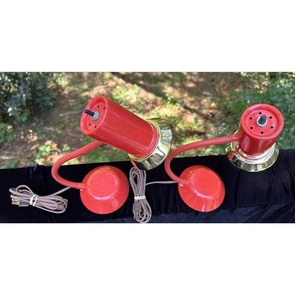 2 Mid Century Underwriters Laboratories Inc Vintage Red & Gold Gooseneck Lamps Home